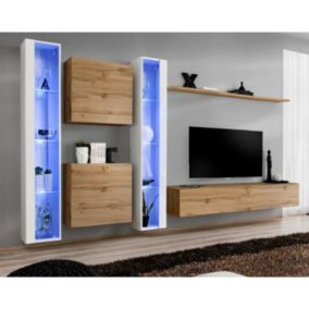 Meuble TV Mural Design "Switch XVI" 330cm Naturel & Blanc