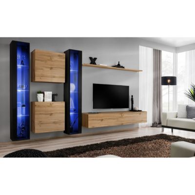 Meuble TV Mural Design "Switch XVI" 330cm Naturel & Noir