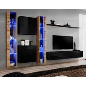 Meuble TV Mural Design "Switch XVI" 330cm Noir & Naturel