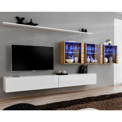 Meuble TV Mural Design "Switch XVII" 340cm Blanc & Naturel