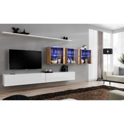 Meuble TV Mural Design "Switch XVII" 340cm Blanc & Naturel