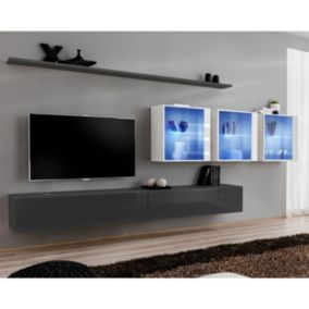 Meuble TV Mural Design "Switch XVII" 340cm Gris & Blanc