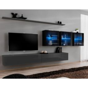 Meuble TV Mural Design "Switch XVII" 340cm Gris & Noir