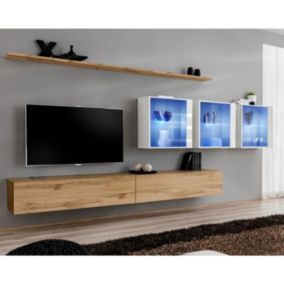 Meuble TV Mural Design "Switch XVII" 340cm Naturel & Blanc