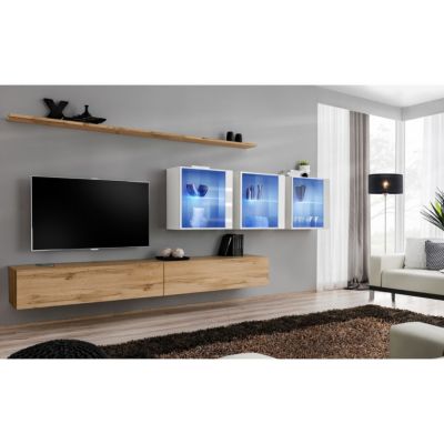Meuble TV Mural Design "Switch XVII" 340cm Naturel & Blanc