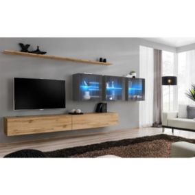 Meuble TV Mural Design "Switch XVII" 340cm Naturel & Gris