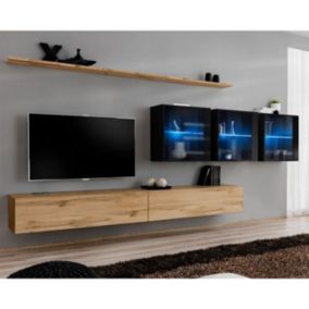 Meuble TV Mural Design "Switch XVII" 340cm Naturel & Noir