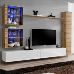 Meuble TV Mural Design "Switch XVIII" 280cm Blanc & Naturel