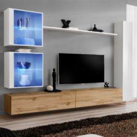 Meuble TV Mural Design "Switch XVIII" 280cm Naturel & Blanc