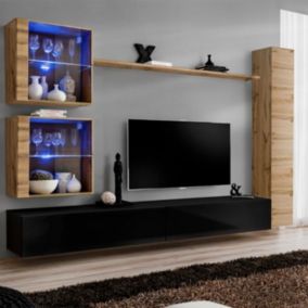 Meuble TV Mural Design "Switch XVIII" 280cm Noir & Naturel