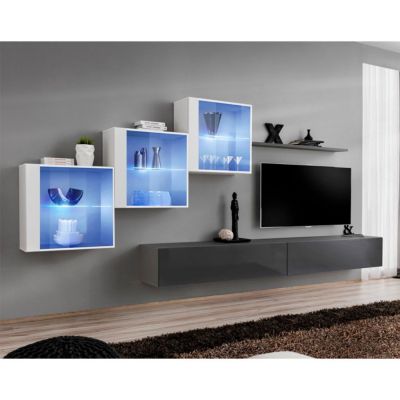 Meuble TV Mural Design "Switch XX" 330cm Gris & Blanc