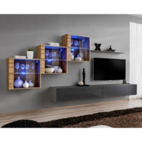 Meuble TV Mural Design "Switch XX" 330cm Gris & Naturel