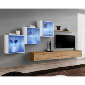 Meuble TV Mural Design "Switch XX" 330cm Naturel & Blanc