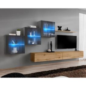 Meuble TV Mural Design "Switch XX" 330cm Naturel & Gris