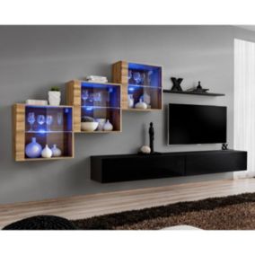 Meuble TV Mural Design "Switch XX" 330cm Noir & Naturel