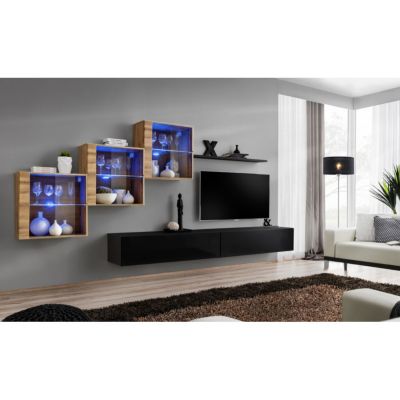 Meuble TV Mural Design "Switch XX" 330cm Noir & Naturel