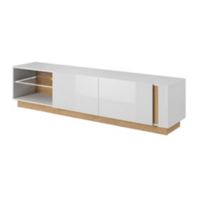 Meuble TV MURARI - 2 portes et 2 niches - Avec LEDs - Blanc brillant et chêne