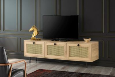 Meuble TV Nihal, Buffet de salon, Armoire basse pour TV, Base murale de rangement, 180x40h60 cm, Chêne et Noir