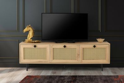 Meuble TV Nihal, Buffet de salon, Armoire basse pour TV, Base murale de rangement, 180x40h60 cm, Chêne et Noir