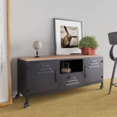 Meuble TV Noir 110x30x43 cm Fer et bois de pin massif - Prolenta Premium