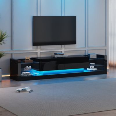 Meuble TV Noir Brillant 181 cm avec 2 Tiroirs Rabattables, Éclairage LED, Façade en Verre, Panneau de Particules