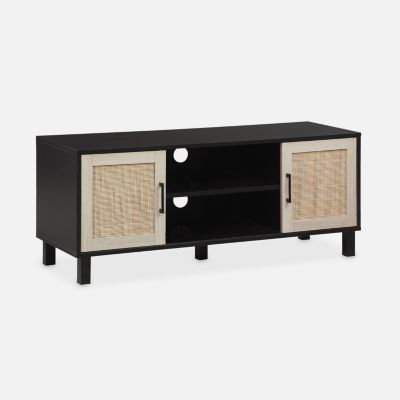 Meuble TV noir et cannage 115 x 40 x 48cm - Bianca - 2 niveaux - portes coulissantes