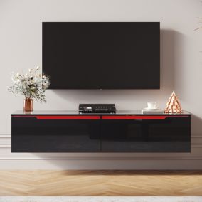 Meuble TV  Noir LED SIRHONA H35xL140xP30cm avec 2 portes - Grande capacité de stockage