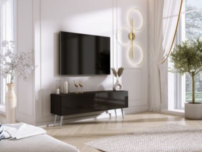 Meuble TV : Noir Mat/Noir Brillant, Pieds Chromés, 140 x 52 x 32 cm