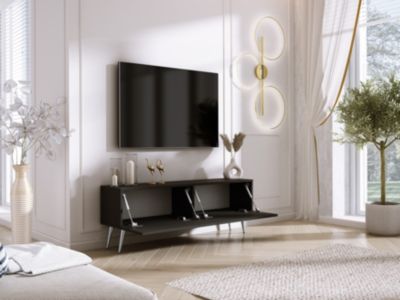 Meuble TV : Noir Mat/Noir Brillant, Pieds Chromés, 140 x 52 x 32 cm