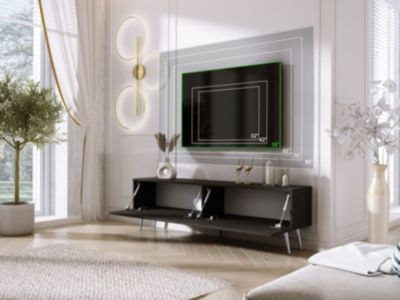 Meuble TV : Noir Mat/Noir Brillant, Pieds Chromés, 170 X 52 X 32 Cm