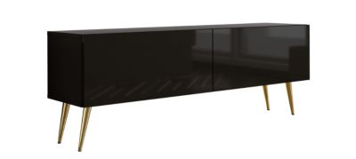 Meuble TV : Noir Mat/Noir Brillant, Pieds Dorés, 140 x 52 x 32 cm