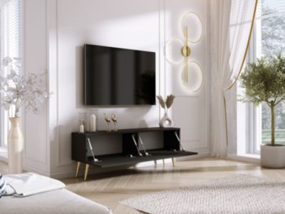 Meuble TV : Noir Mat/Noir Brillant, Pieds Dorés, 140 x 52 x 32 cm