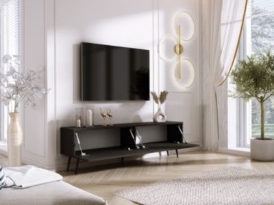 Meuble TV : Noir Mat / Noir Brillant, Pieds Noirs, 170 X 52 X 32 Cm