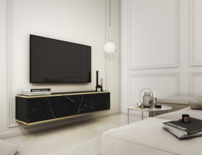 Meuble TV, Noir Mat / Noir royal marbre, 135 x 32 x 30 cm, Push to Open