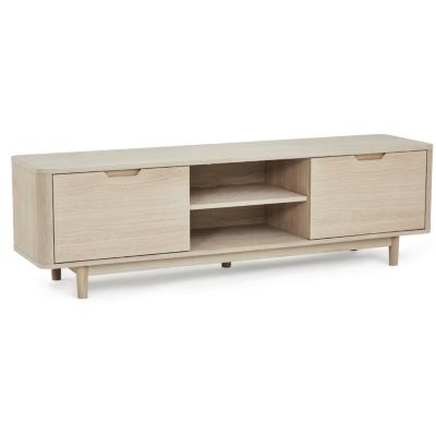 Meuble TV Nyborg avec 3 portes et 2 niches - Chêne massif et MDF - Naturel