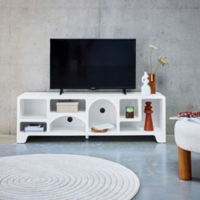 Meuble tv organique effet bois blanc 160cm avec 7 niches de rangement L160cm