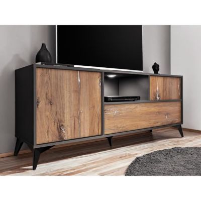 Meuble TV Orvieto Komodee - LEDs blanches - Chene Bijoux et Anthracite - Facades en Mat - 150x65x40 cm