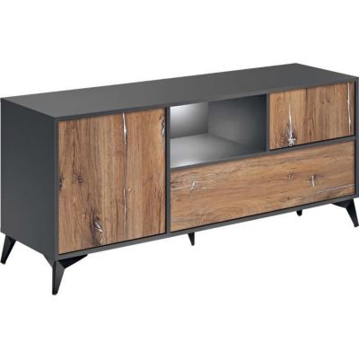 Meuble TV Orvieto Komodee - LEDs blanches - Chene Bijoux et Anthracite - Facades en Mat - 150x65x40 cm