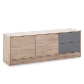 Meuble TV Panama 2 tiroirs, 2 Portes, Couleur Bois et Gris, 136 cm (Largeur)