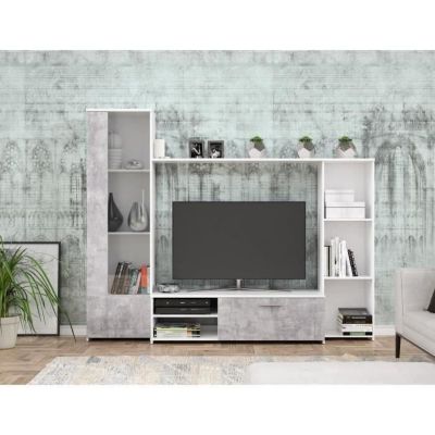 Meuble TV paroi murale - Blanc mat et béton clair - porte vitrée + 5 niches - Contemporain - L 220,4 x P41,3 x H177,5 cm - PILVI