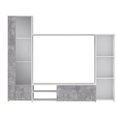 Meuble TV paroi murale - Blanc mat et béton clair - porte vitrée + 5 niches - Contemporain - L 220,4 x P41,3 x H177,5 cm - PILVI