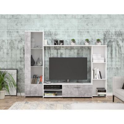 Meuble TV paroi murale - Blanc mat et béton clair - porte vitrée + 5 niches - Contemporain - L 220,4 x P41,3 x H177,5 cm - PILVI