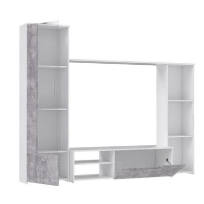 Meuble TV paroi murale - Blanc mat et béton clair - porte vitrée + 5 niches - Contemporain - L 220,4 x P41,3 x H177,5 cm - PILVI