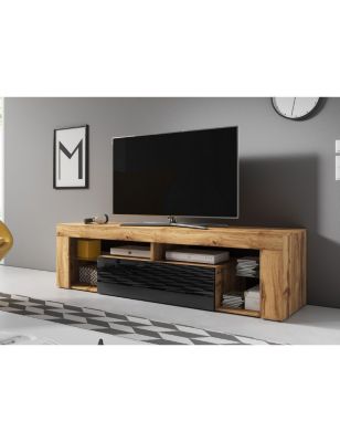 Meuble TV à poser ou à suspendre EVEREST coloris chêne et noir 140x35x50 cm-Sans LED---140
