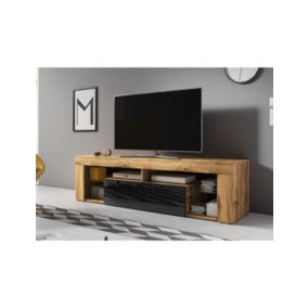 Meuble TV à poser ou à suspendre EVEREST coloris chêne et noir 140x35x50 cm-Sans LED---140