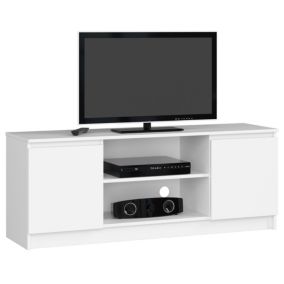 Meuble TV pour salon AKORD Blanc 140 cm 2 portes façade Blanche 2 étagères 140x40x55 cm
