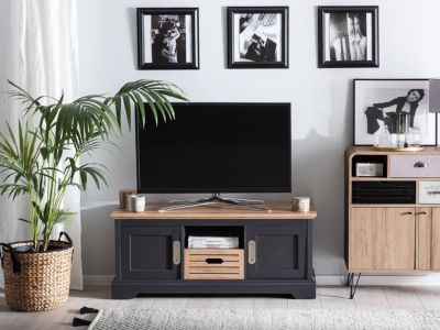 Meuble TV rétro en panneau de particules de bois gris GARET