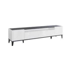 Meuble TV Raffaele, Buffet bas de salon avec 2 portes, Base pour meuble TV, 200x40h47 cm, Blanc brillant et ardoise