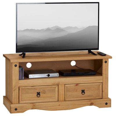 Meuble TV SALSA banc télévision de 108 cm en bois style mexicain avec 2 tiroirs et 1 niche, en pin massif finition teintée/cirée