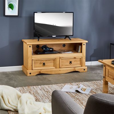 Meuble TV SALSA banc télévision de 108 cm en bois style mexicain avec 2 tiroirs et 1 niche, en pin massif finition teintée/cirée